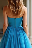 A Line Blue Sweetheart Tulle Long Formal Dress with Slit