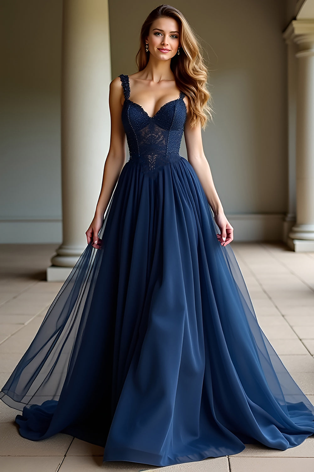 Navy Spaghetti Straps A Line Long Formal Dress with Lace
