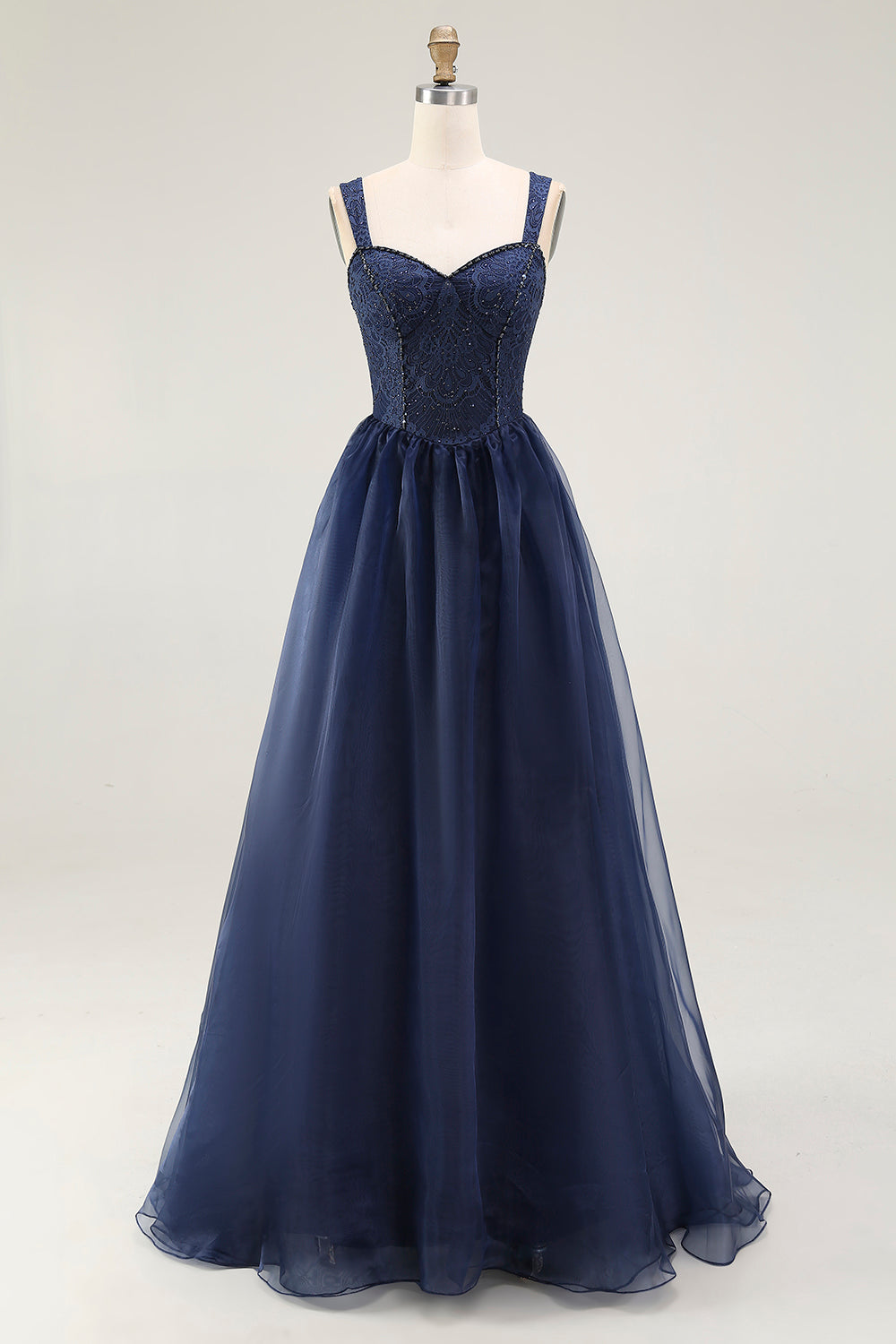 Navy Spaghetti Straps A Line Long Formal Dress with Lace