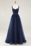 Navy Spaghetti Straps A Line Long Formal Dress with Lace