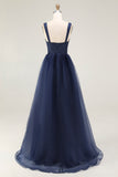 Navy Spaghetti Straps A Line Long Formal Dress with Lace