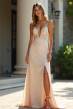 Sheath Champagne Stretch Satin Spaghetti Straps Long Formal Dress