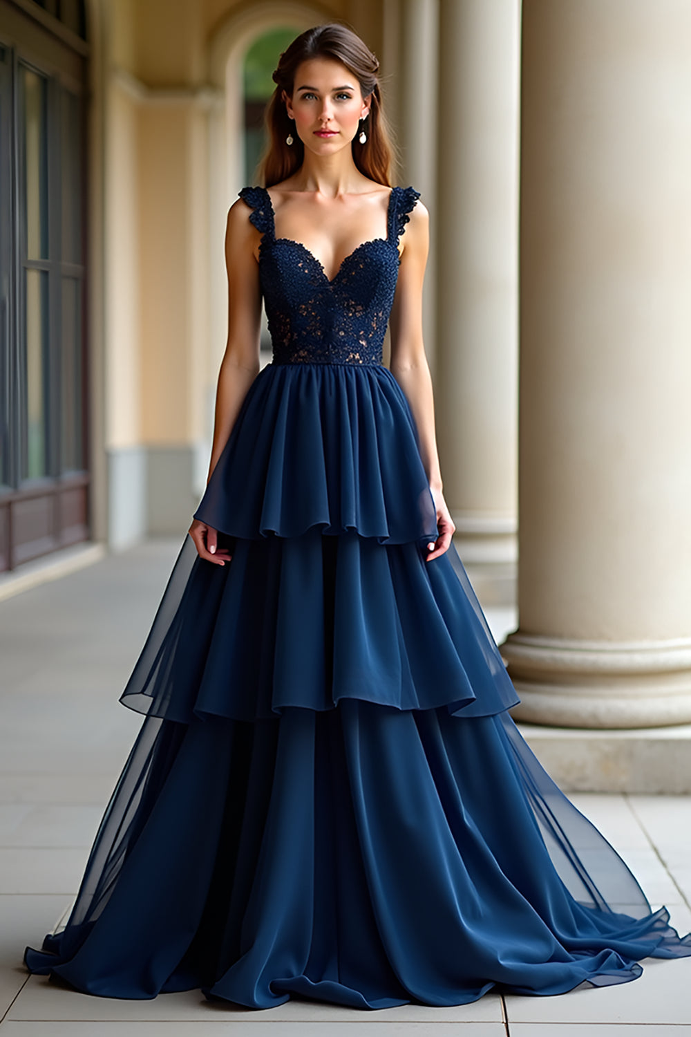 Navy Ball Gown Ruffled Tiered Long Formal Dress with Lace