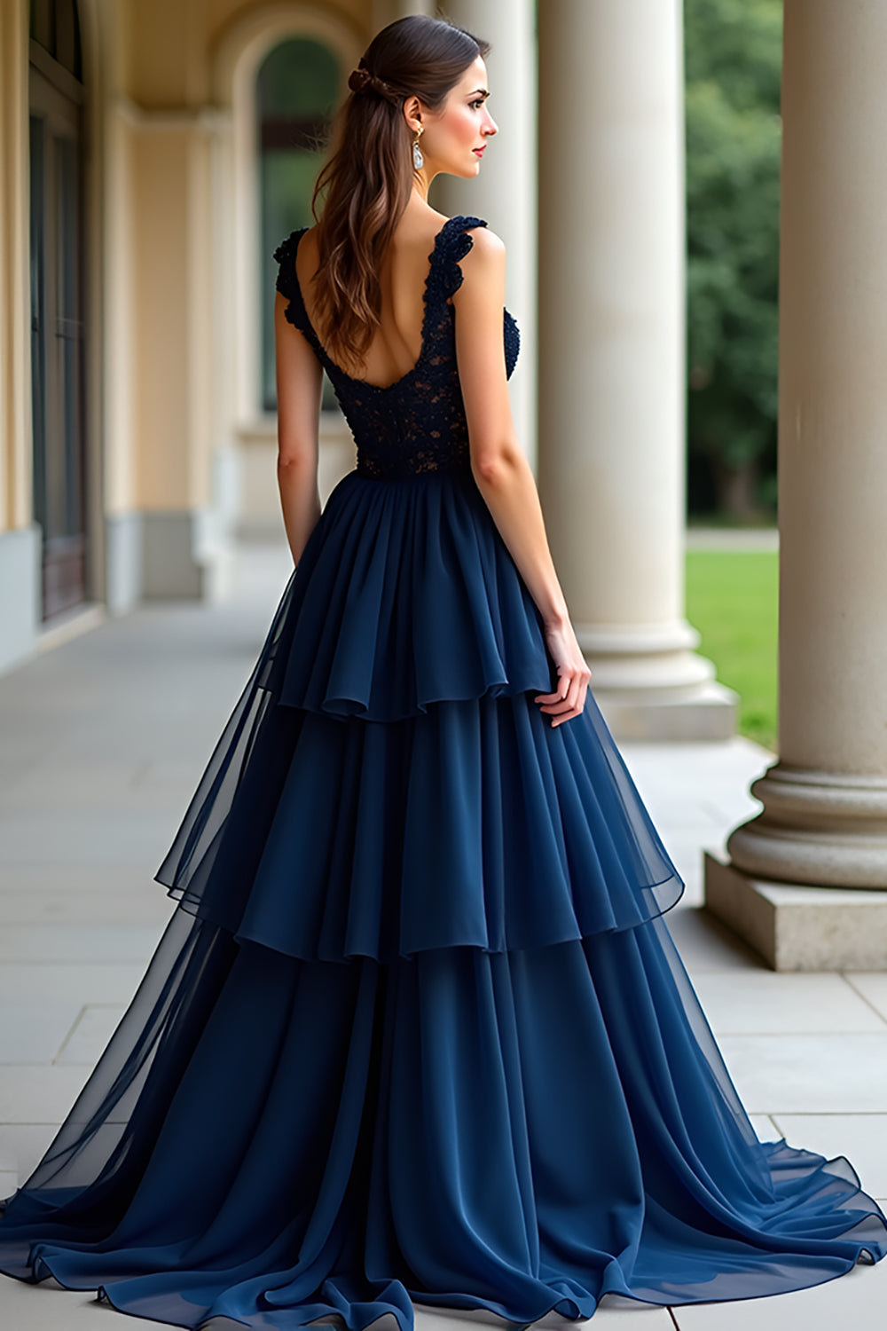 Navy Ball Gown Ruffled Tiered Long Formal Dress with Lace