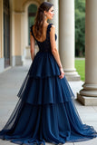 Navy Ball Gown Ruffled Tiered Long Formal Dress with Lace