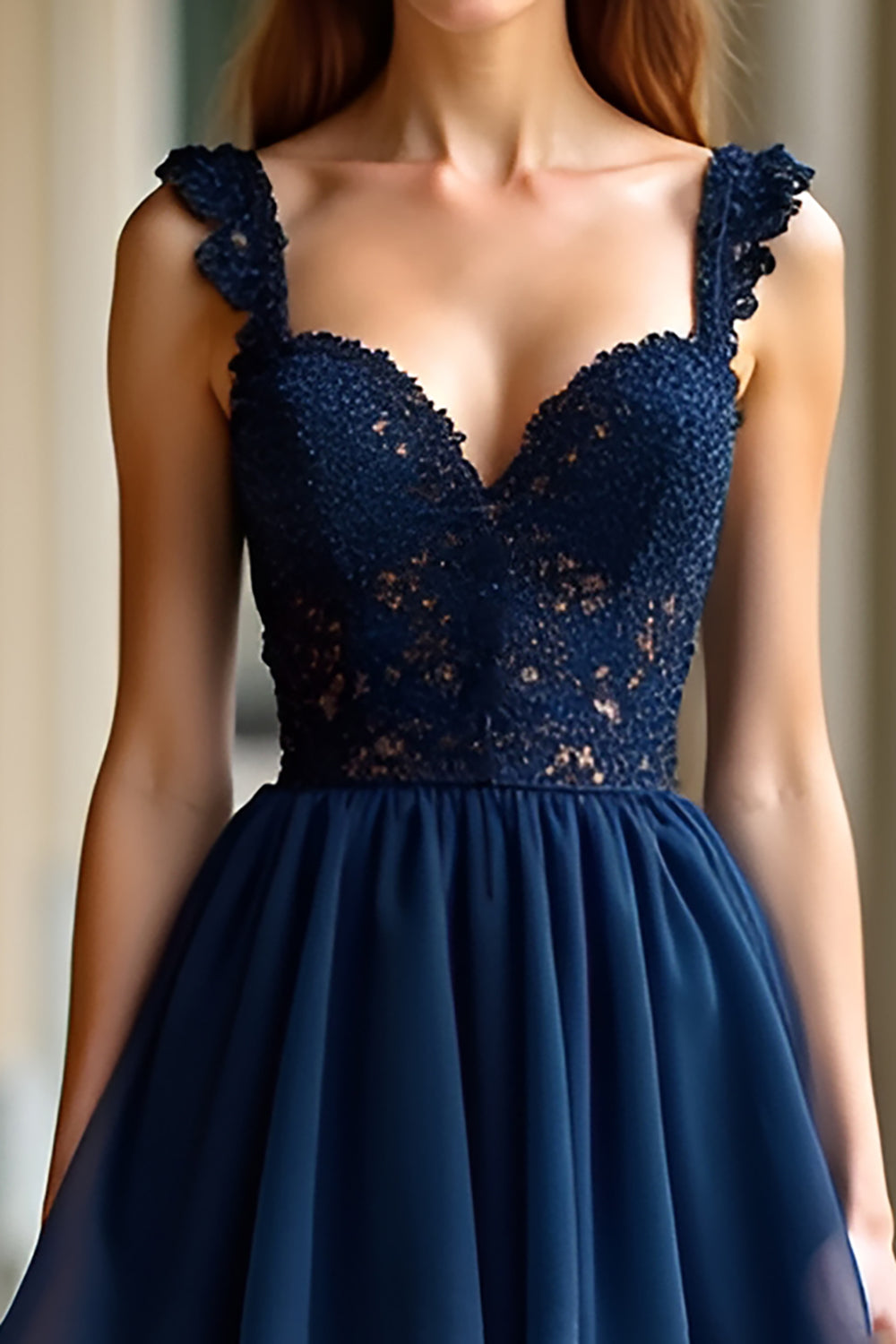 Navy Ball Gown Ruffled Tiered Long Formal Dress with Lace