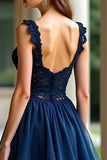 Navy Ball Gown Ruffled Tiered Long Formal Dress with Lace