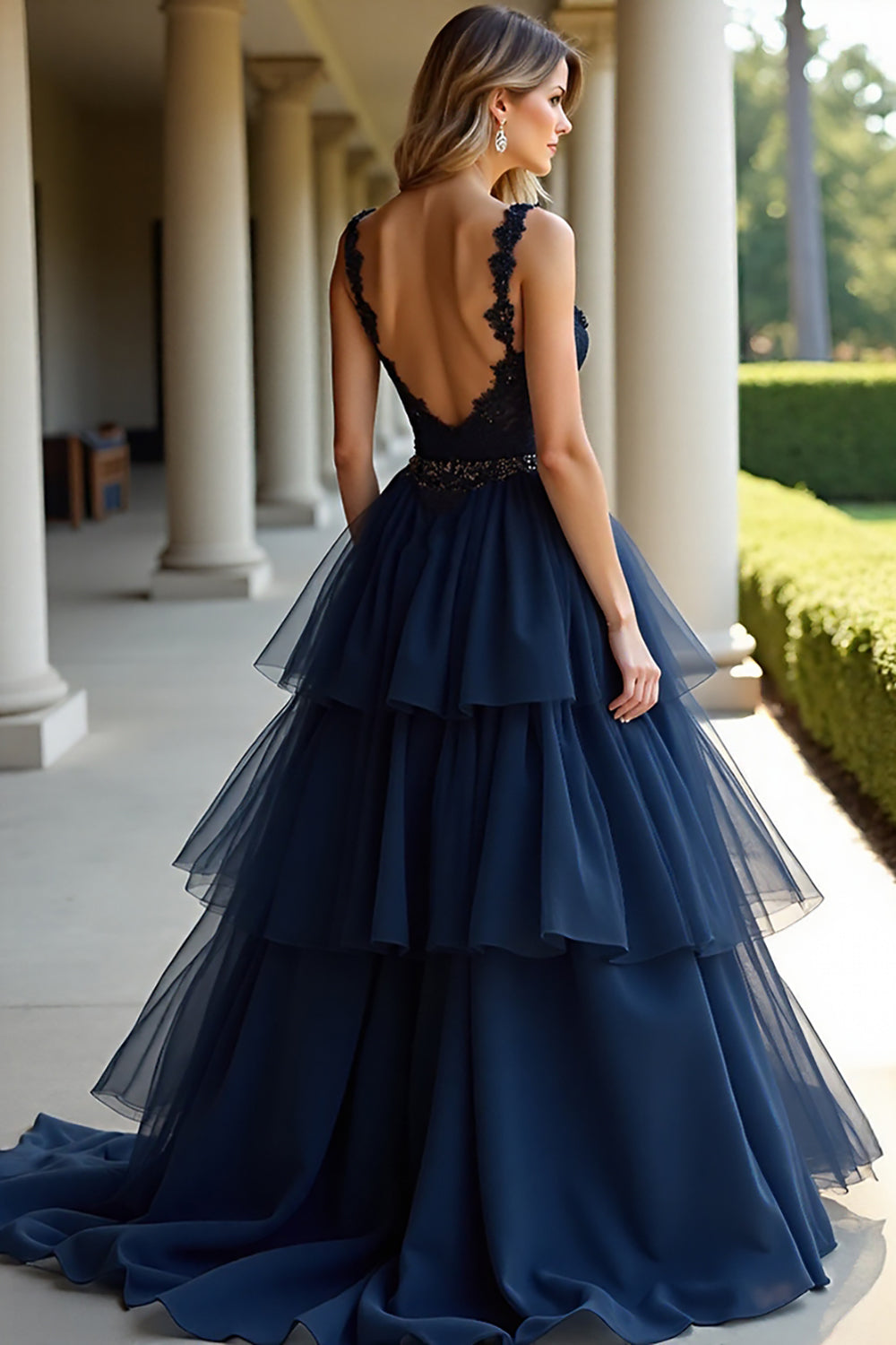 Sparkly Navy Ball Gown Spaghetti Straps Tiered Long Formal Dress