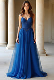 Sparkly Dark Blue A Line Spaghetti Straps Organza Long Formal Dress