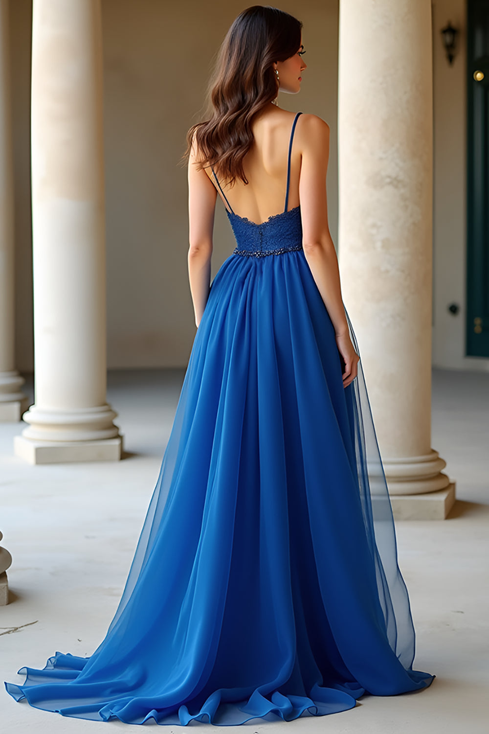 Sparkly Dark Blue A Line Spaghetti Straps Organza Long Formal Dress