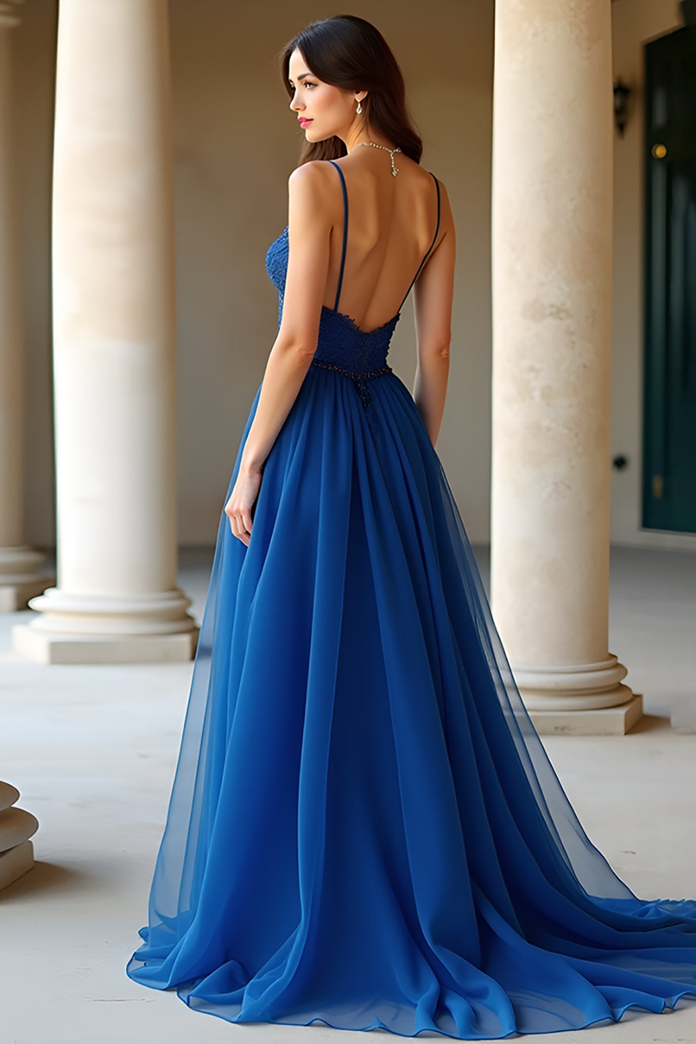 Sparkly Dark Blue A Line Spaghetti Straps Organza Long Formal Dress