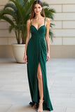 Dark Green Sheath Satin Pleated Long Formal Dress With Slit