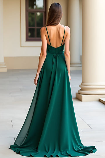 Dark Green Sheath Satin Pleated Long Formal Dress With Slit