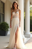 Champagne A Line Spaghetti Straps Long Formal Dress with Slit