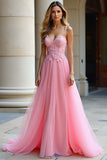 A Line Spaghetti Straps Pink Lace Long Formal Dress
