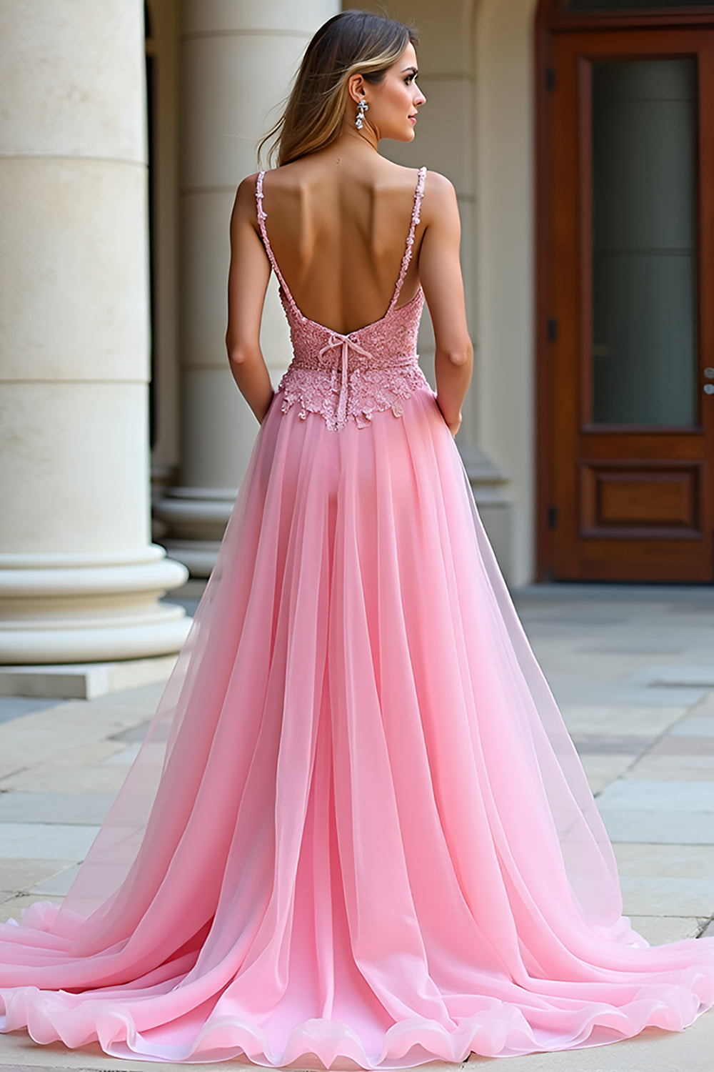 A Line Spaghetti Straps Pink Lace Long Formal Dress