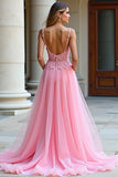 A Line Spaghetti Straps Pink Lace Long Formal Dress