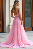 A Line Spaghetti Straps Pink Lace Long Formal Dress