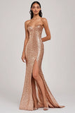 Sparkly Champagne Mermaid Strapless Sequins Long Formal Dress with Slit