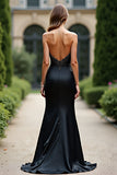Sparkly Black Mermaid Strapless Satin Long Formal Dress with Rhinestones