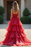 Sparkly Red Ball Gown Deep V Neck Ruffles Long Formal Dress with Beading