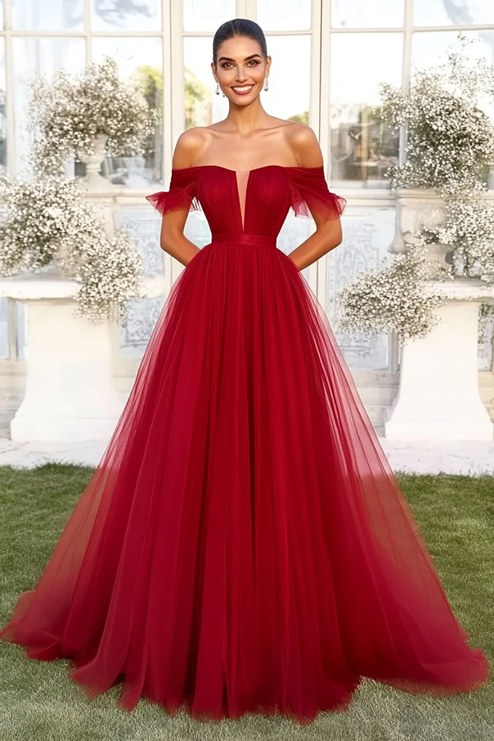Red A-Line Off the Shoulder Tulle Formal Dress