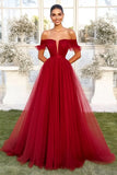 Red A-Line Off the Shoulder Tulle Formal Dress