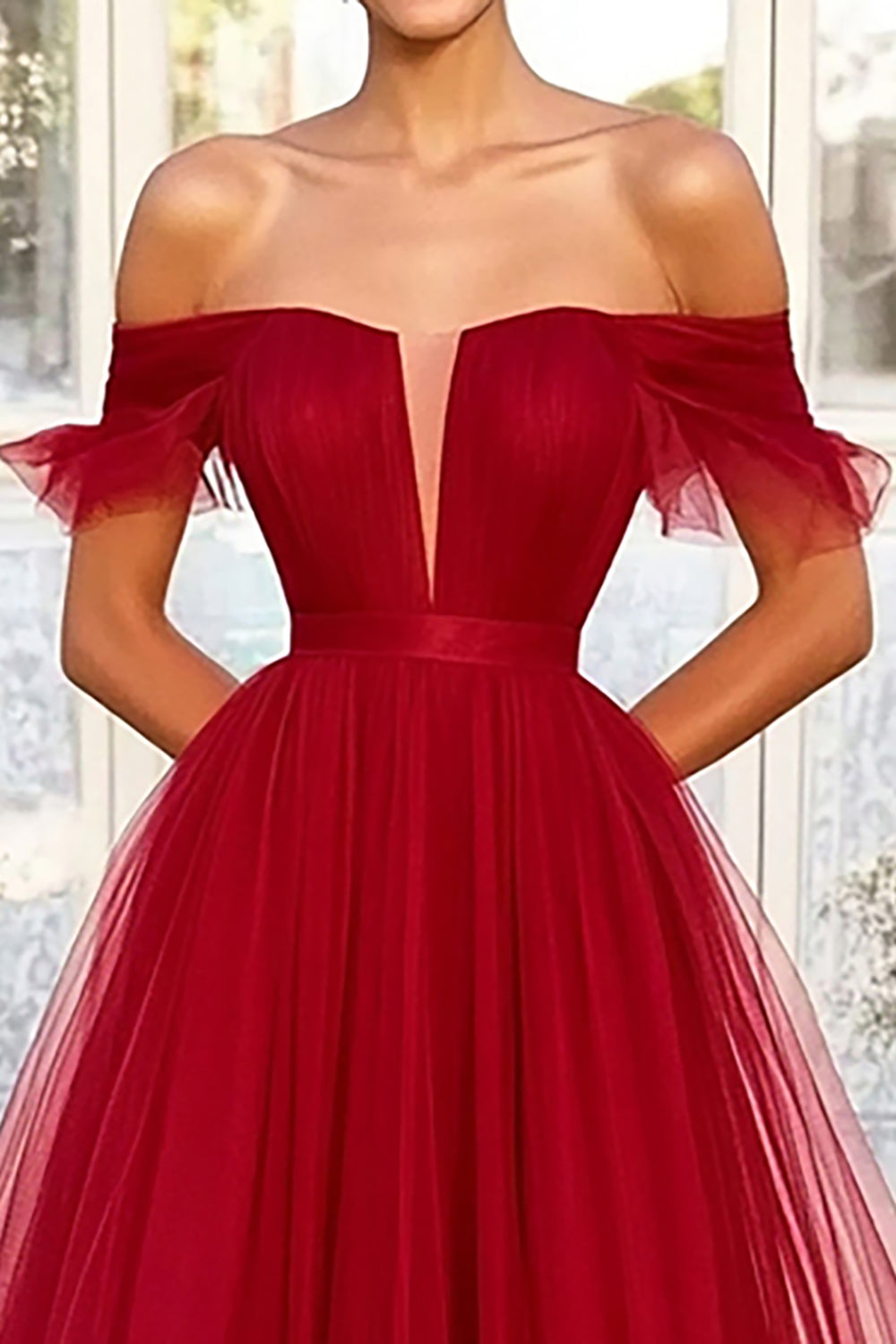 Red A-Line Off the Shoulder Tulle Formal Dress