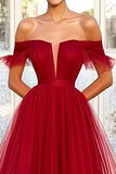 Red A-Line Off the Shoulder Tulle Formal Dress
