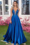 Sparkly Royal Blue A Line Deep V Neck Satin Long Formal Dress with Sequins