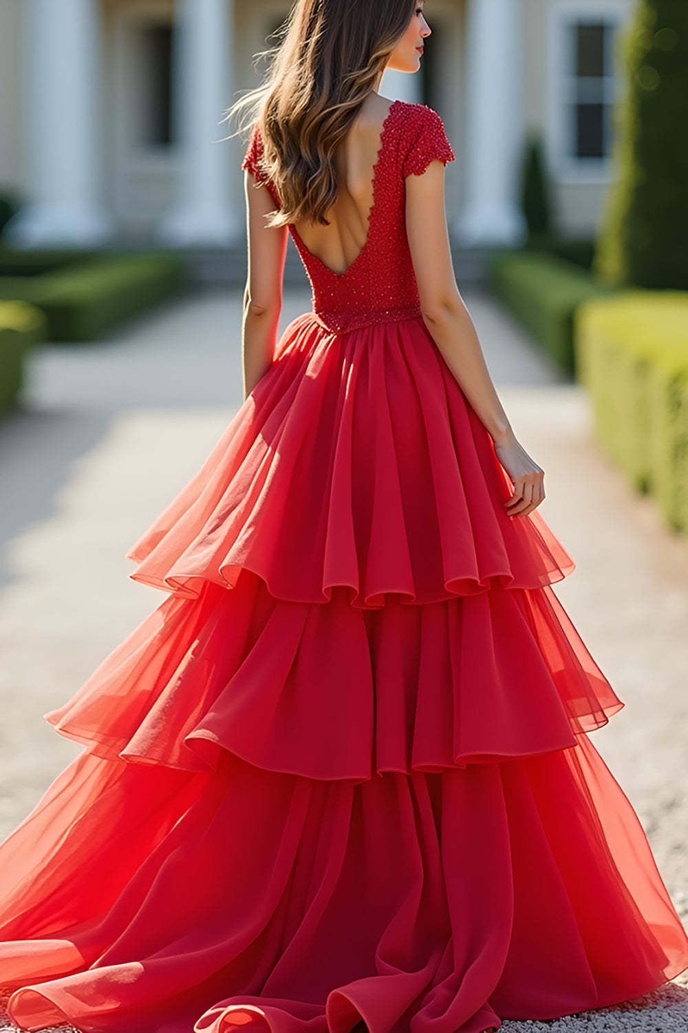 Sparkly Red Ball Gown Deep V Neck Ruffled Long Formal with Beading