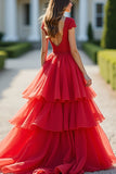 Sparkly Red Ball Gown Deep V Neck Ruffled Long Formal with Beading