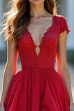 Sparkly Red Ball Gown Deep V Neck Ruffled Long Formal with Beading