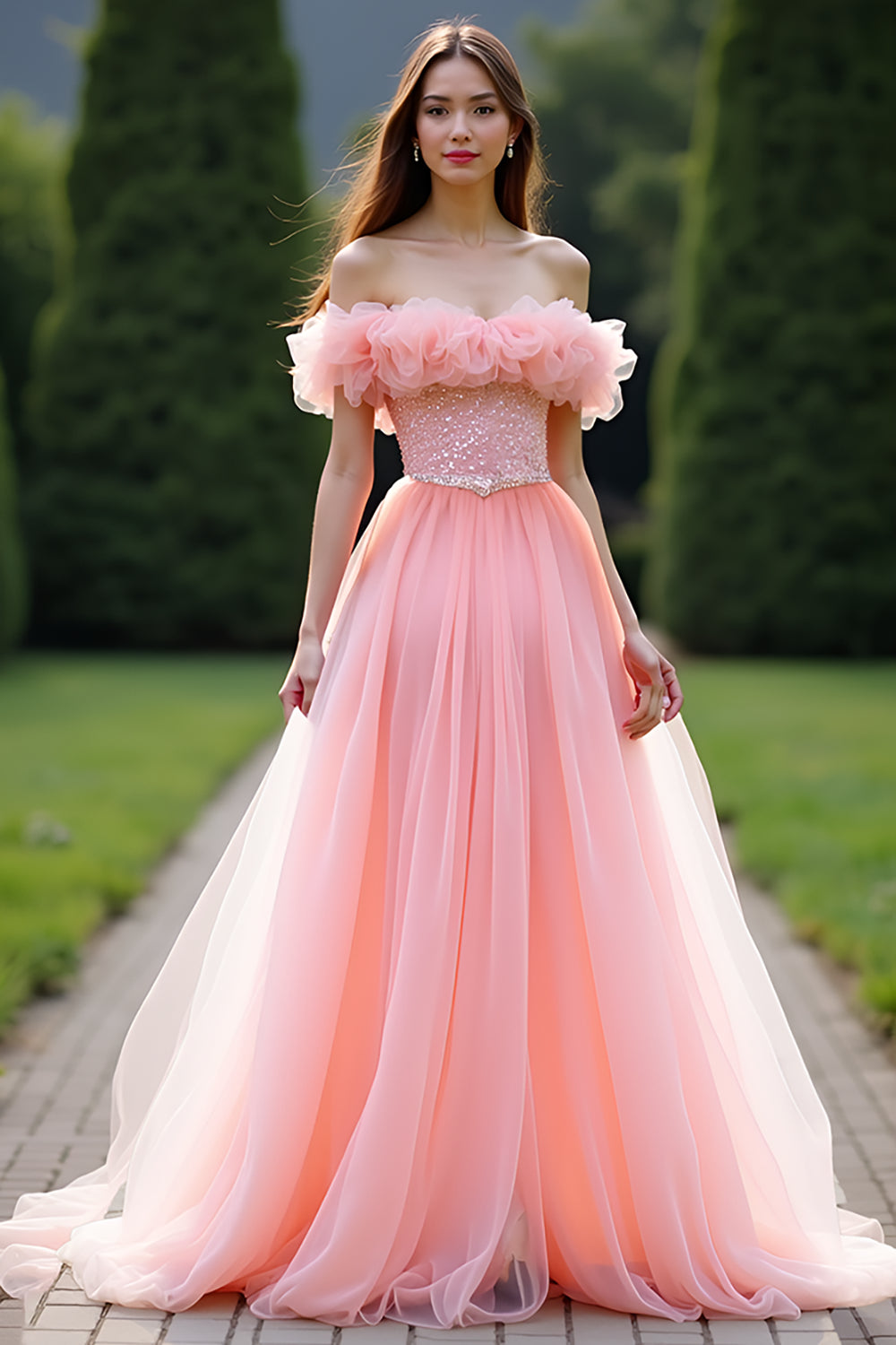 Princess Pink Ball Gown Ruffled Off the Shoulder Tulle Long Formal Dress with Beading