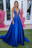 Sparkly Royal Blue Satin A-Line Long Formal Dress with Appliques
