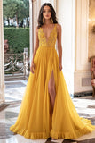 Yellow Chiffon V Neck A Line Appliqued Long Formal Dress with Slit