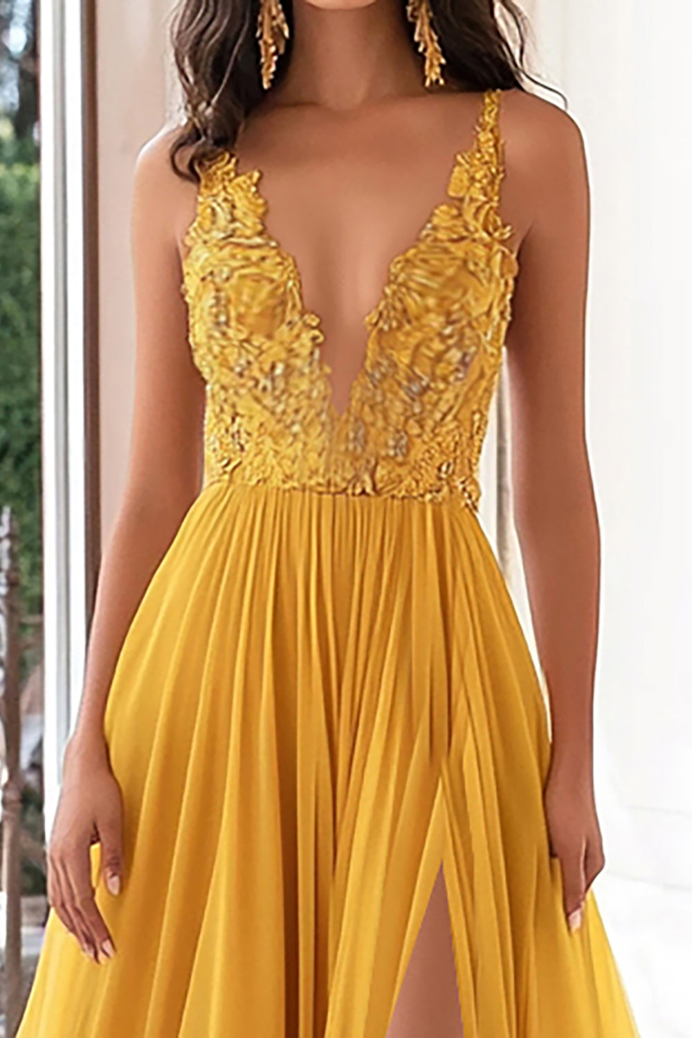 Yellow Chiffon V Neck A Line Appliqued Long Formal Dress with Slit
