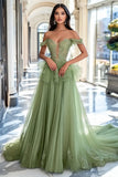 Dusty Sage Tulle Off the Shoulder A-Line Long Formal Dress with Lace Appliques
