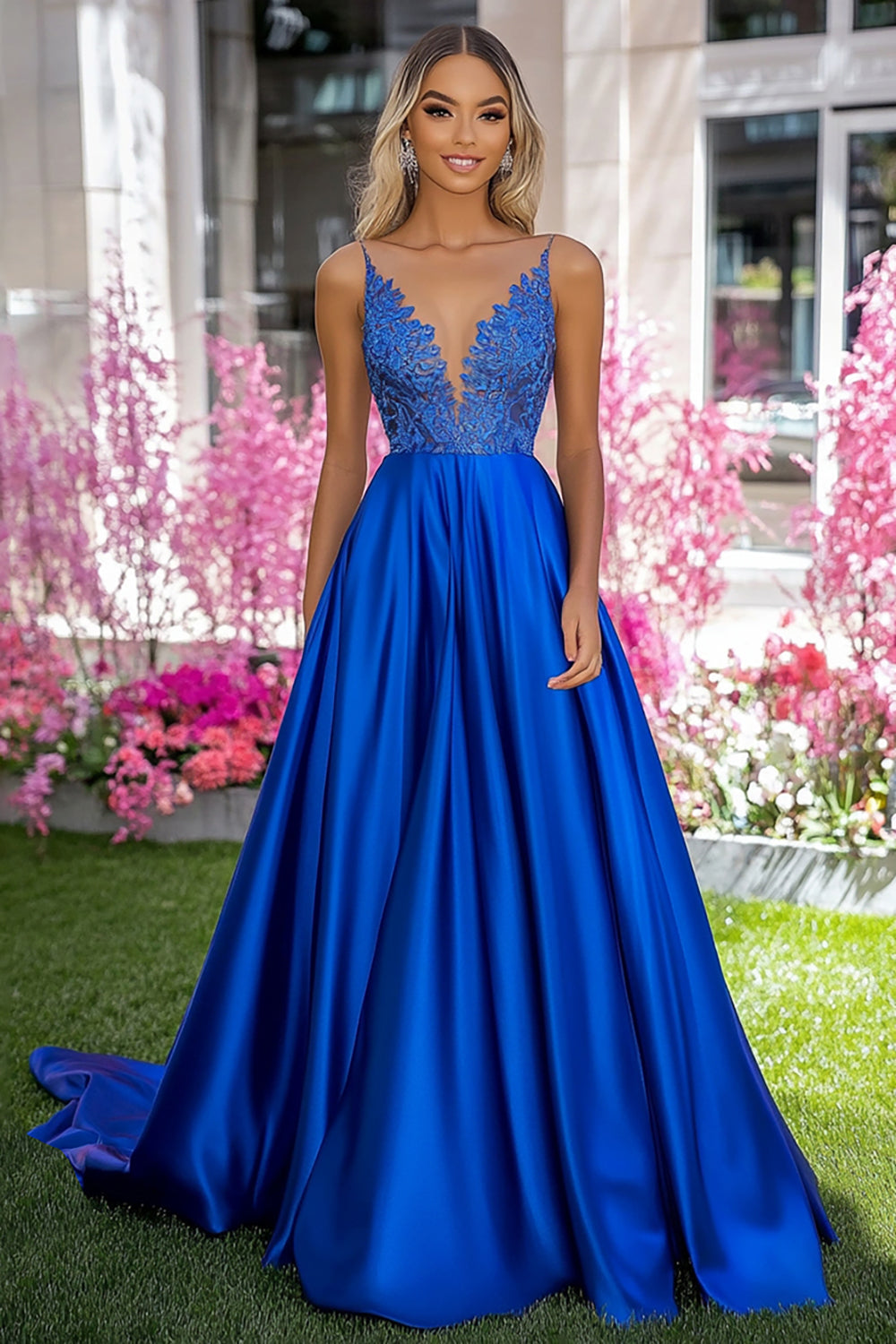 Royal Blue Satin Deep V-Neck A-Line Long Formal Dress with Appliques