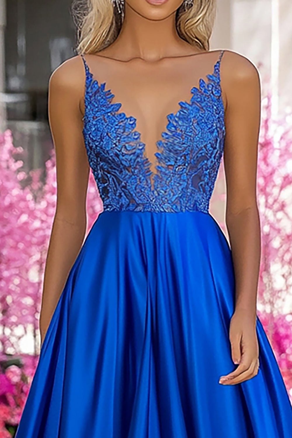 Royal Blue Satin Deep V-Neck A-Line Long Formal Dress with Appliques
