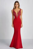 Sparkly Sheath Red V Neck Long Formal Dress With Sequins