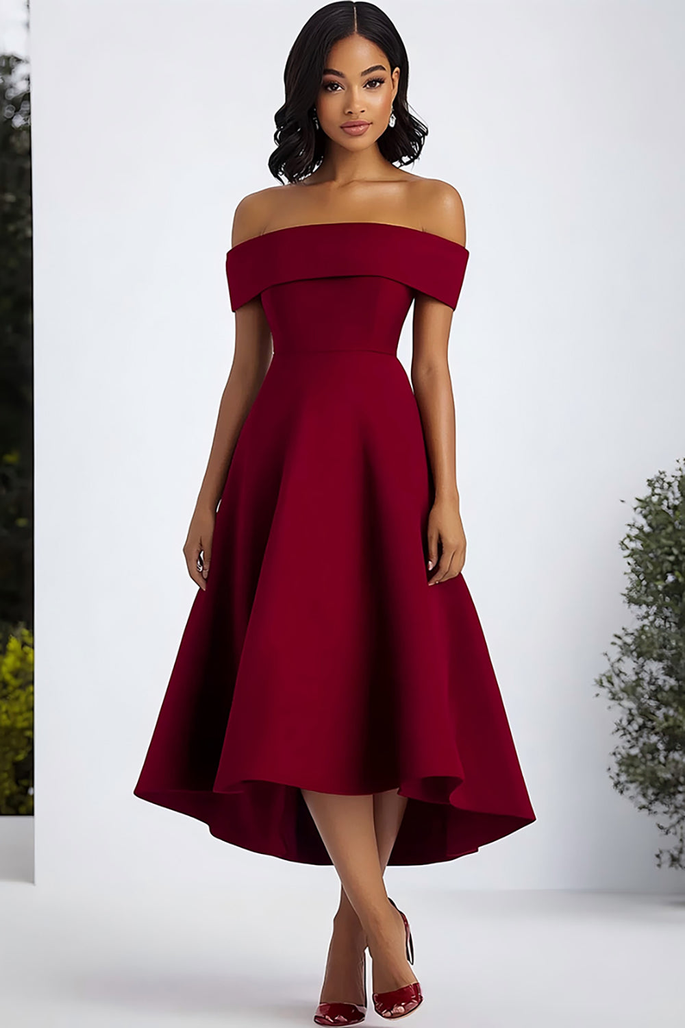 Burgundy A Line Off The Shoulder Midi Satin Formal Dress