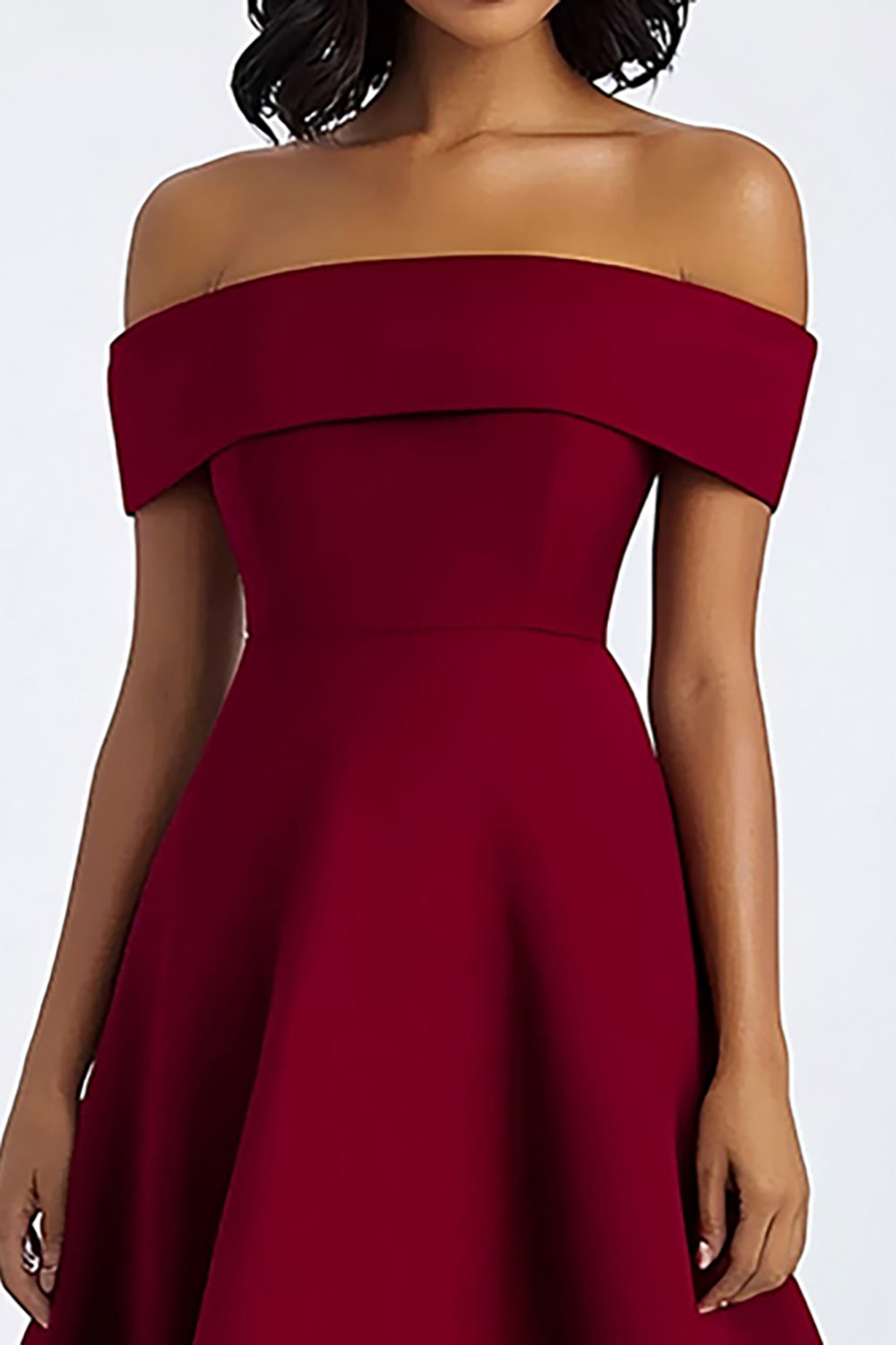 Burgundy A Line Off The Shoulder Midi Satin Formal Dress