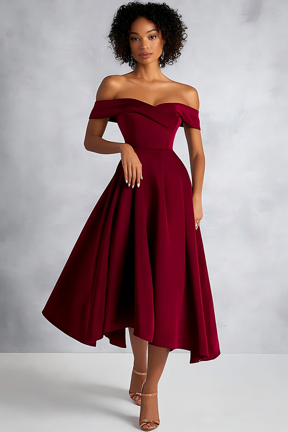 Burgundy A Line Off The Shoulder Satin Midi Formal Dress