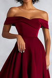 Burgundy A Line Off The Shoulder Satin Midi Formal Dress