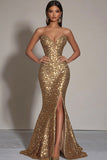Sparkly Gold Sequins Sweetheart Mermaid Long Formal Dress with Slit