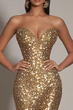 Sparkly Gold Sequins Sweetheart Mermaid Long Formal Dress with Slit