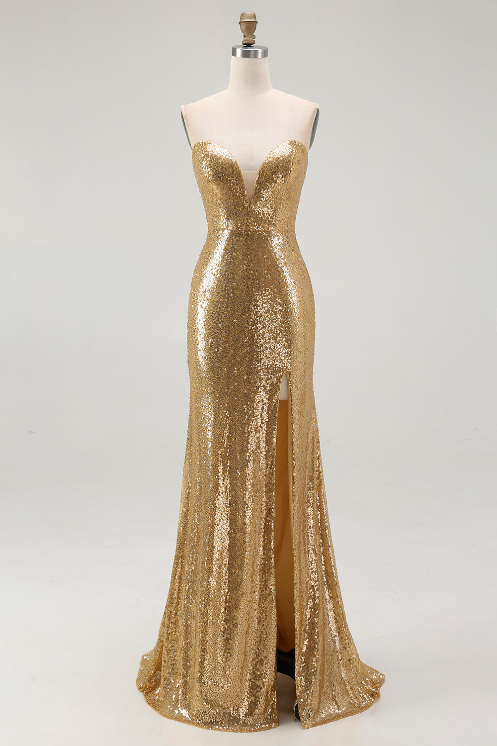 Sparkly Gold Sequins Sweetheart Mermaid Long Formal Dress with Slit