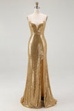 Sparkly Gold Sequins Sweetheart Mermaid Long Formal Dress with Slit