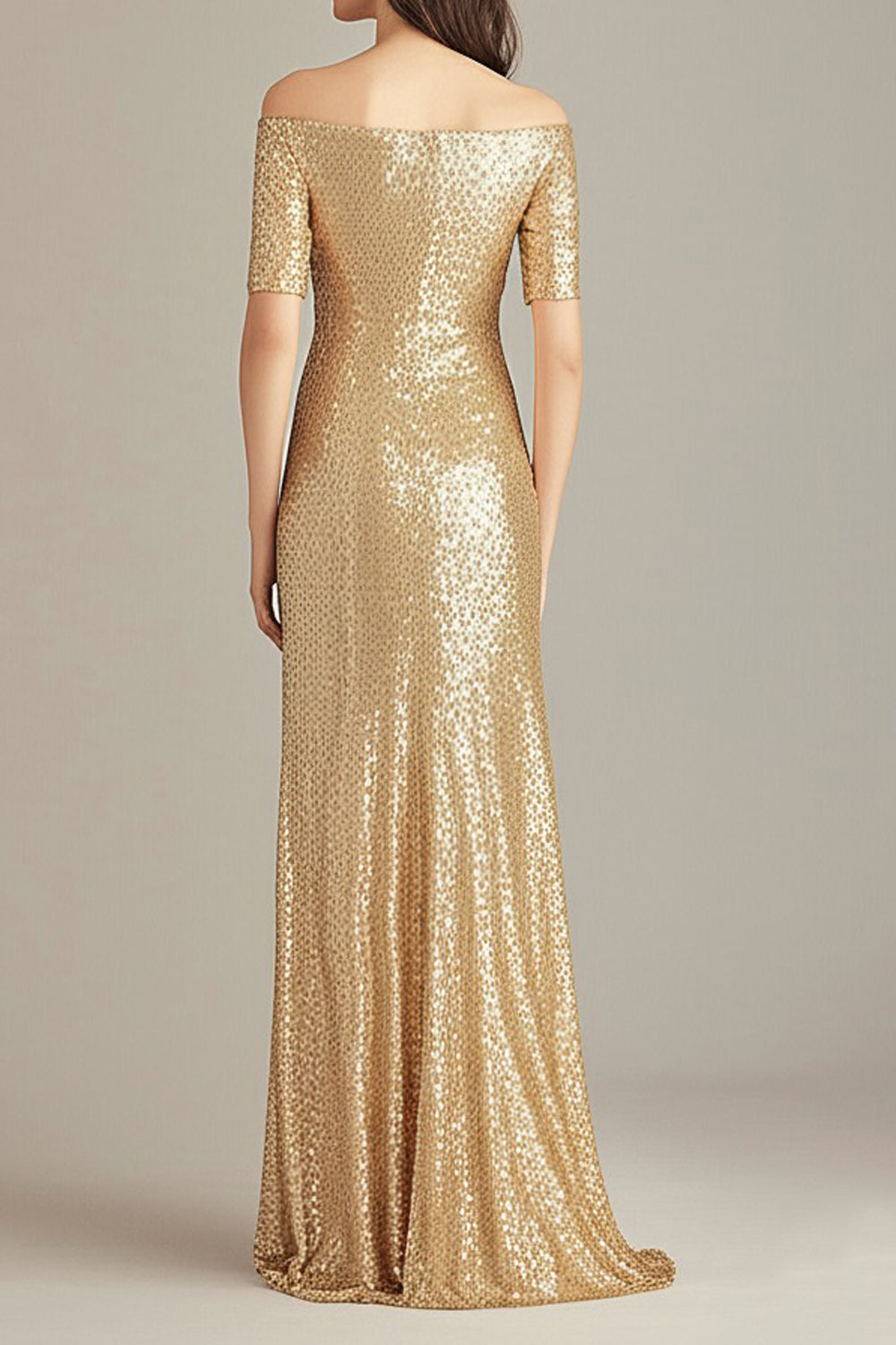 Gold Off The Shoulder Sheath Formal Dress With Sequins